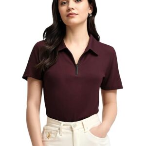Mack Jonney Ribbed |Regular Fit | Half Sleeves 100% Cotton Polo Neck Self Design with Zip T-Shirt for Women-M919