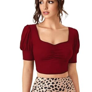 Istyle Can Sweetheart Neck Ruched Front Puff Sleeve/Half Sleeve Streachable Solid/Plain Slim Fit Crop top for Women | Women's Slim FIT Crop TOP | Tops for Women